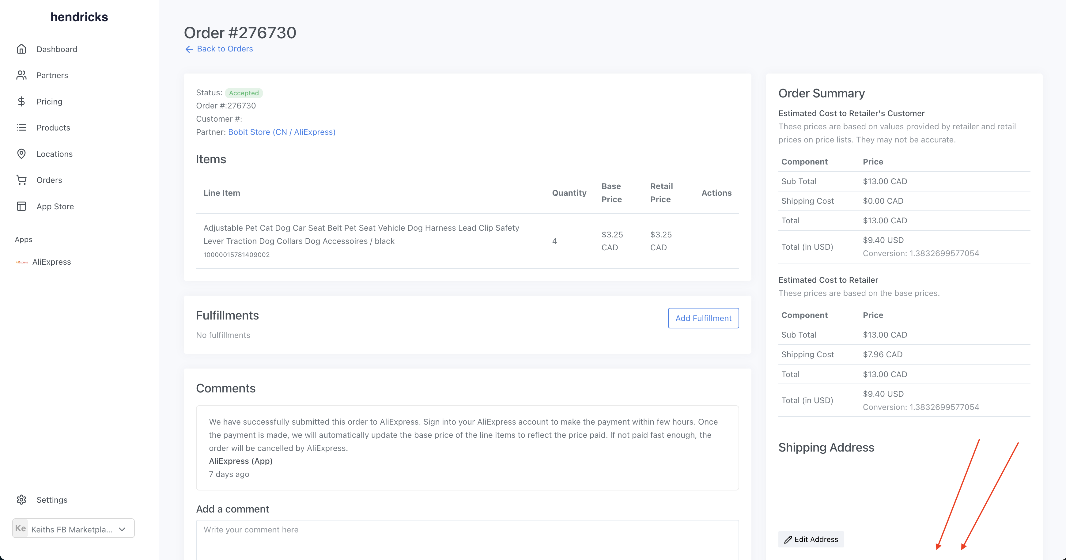 Orders page